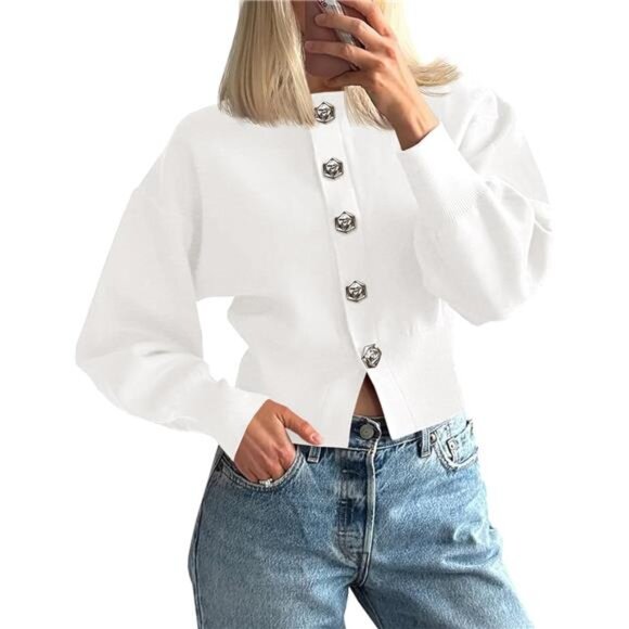 Button-Up Cardigan – Lantern Sleeve Knit Crew Neck Sweater Jacket (Fall Trendy) - Picture 1 of 5